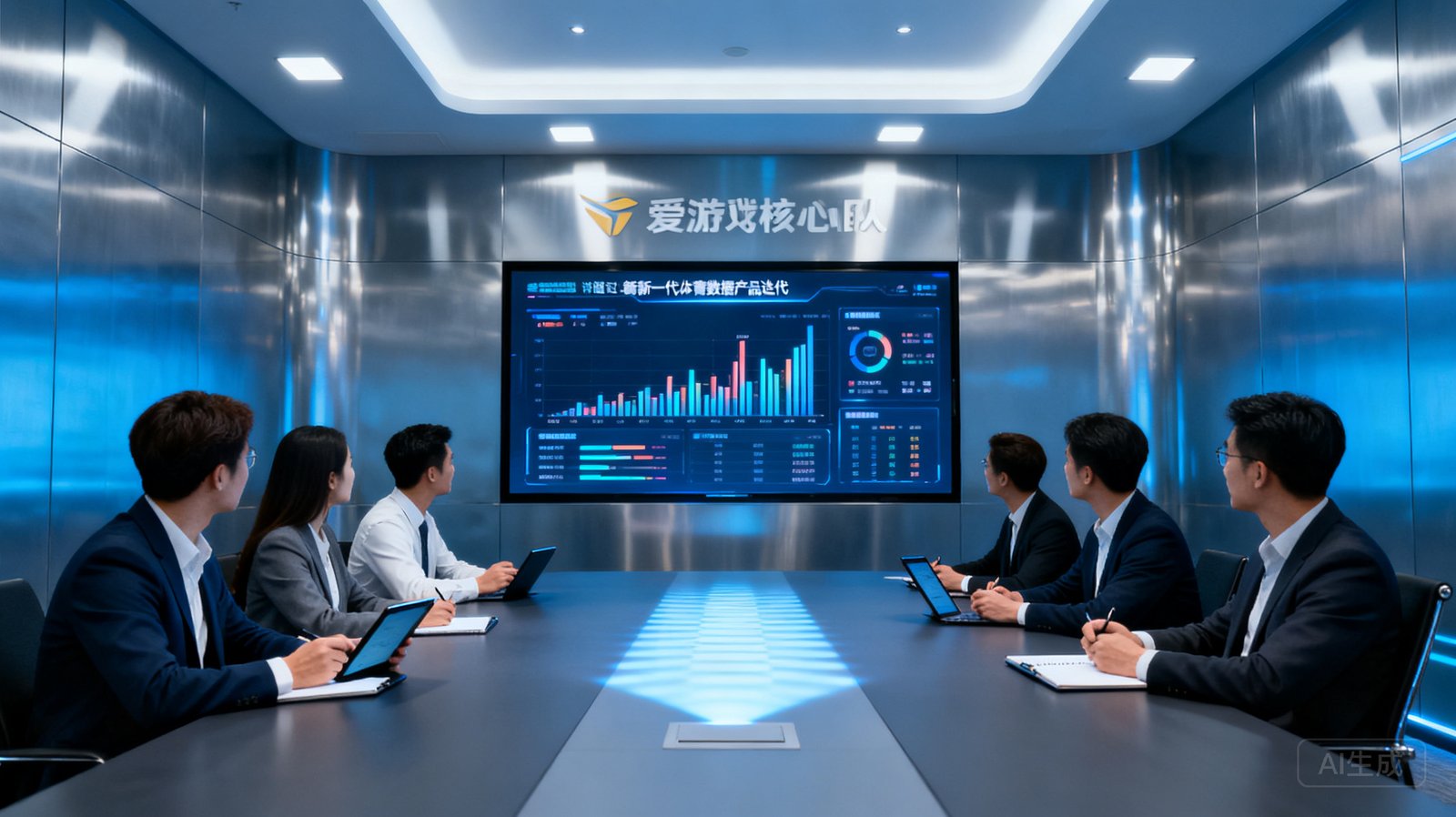 爱游戏核心团队在科技感十足的会议室内，通过大屏讨论新一代体育数据产品的迭代方案