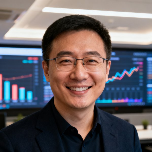 爱游戏CEO陈一鸣在办公室微笑面对镜头，背景是数据大屏